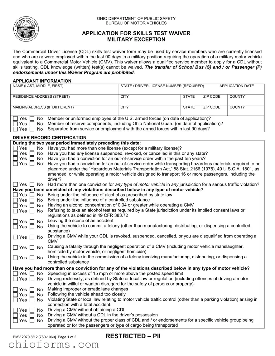 Free Cdl Ohio 2070 Template