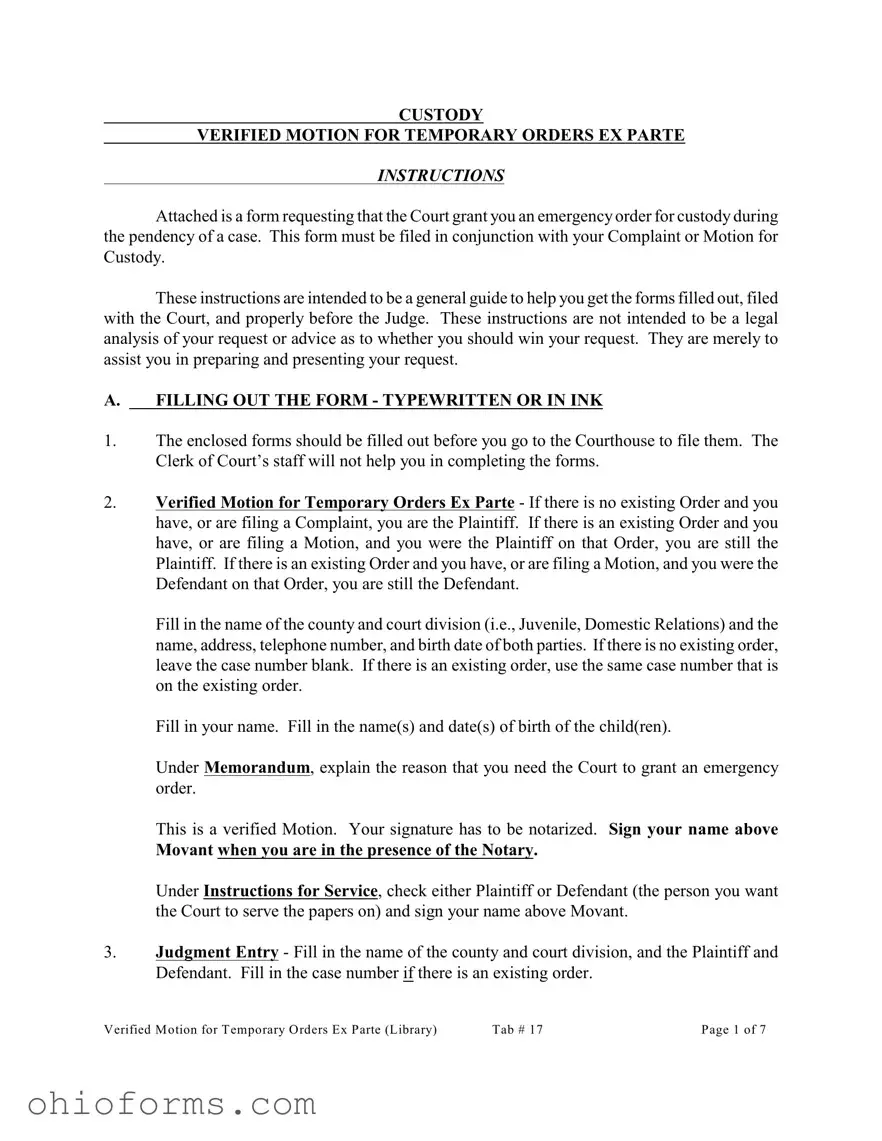 Free Ex Parte Temporary Custody Order Ohio Template