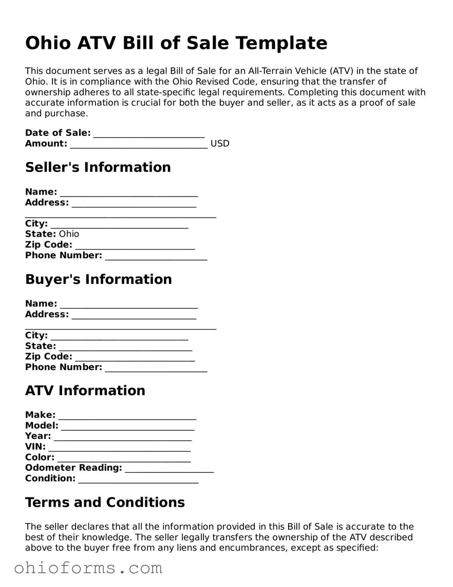 Attorney-Verified  ATV Bill of Sale Template for Ohio