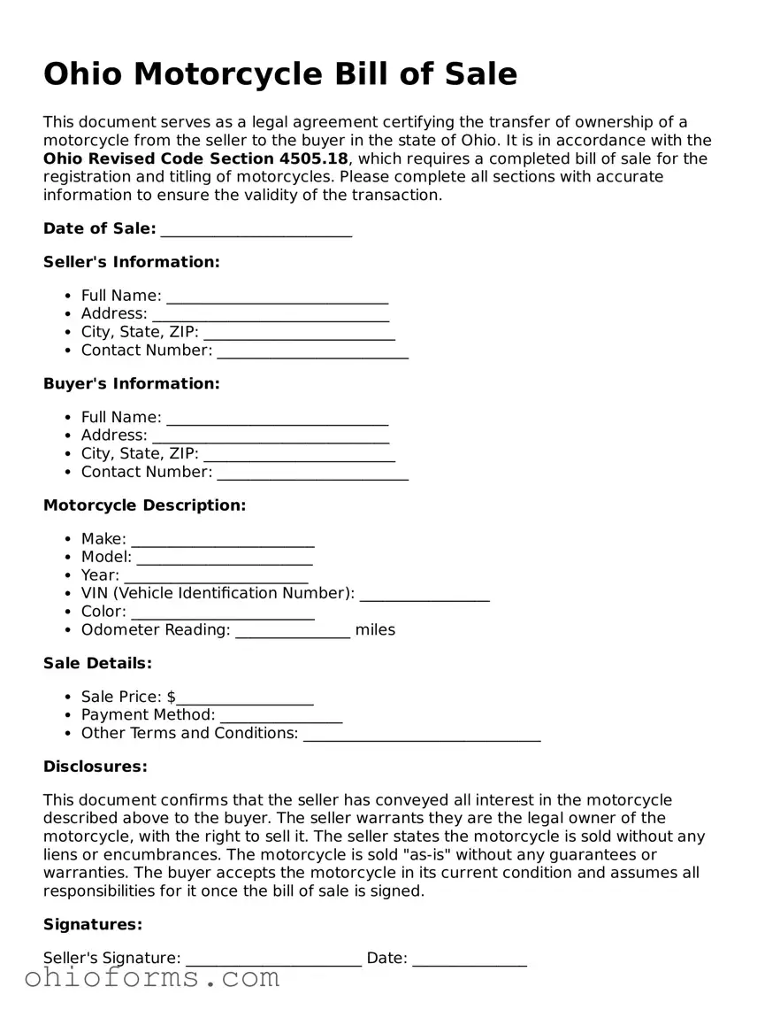 Attorney-Verified  Motorcycle Bill of Sale Template for Ohio