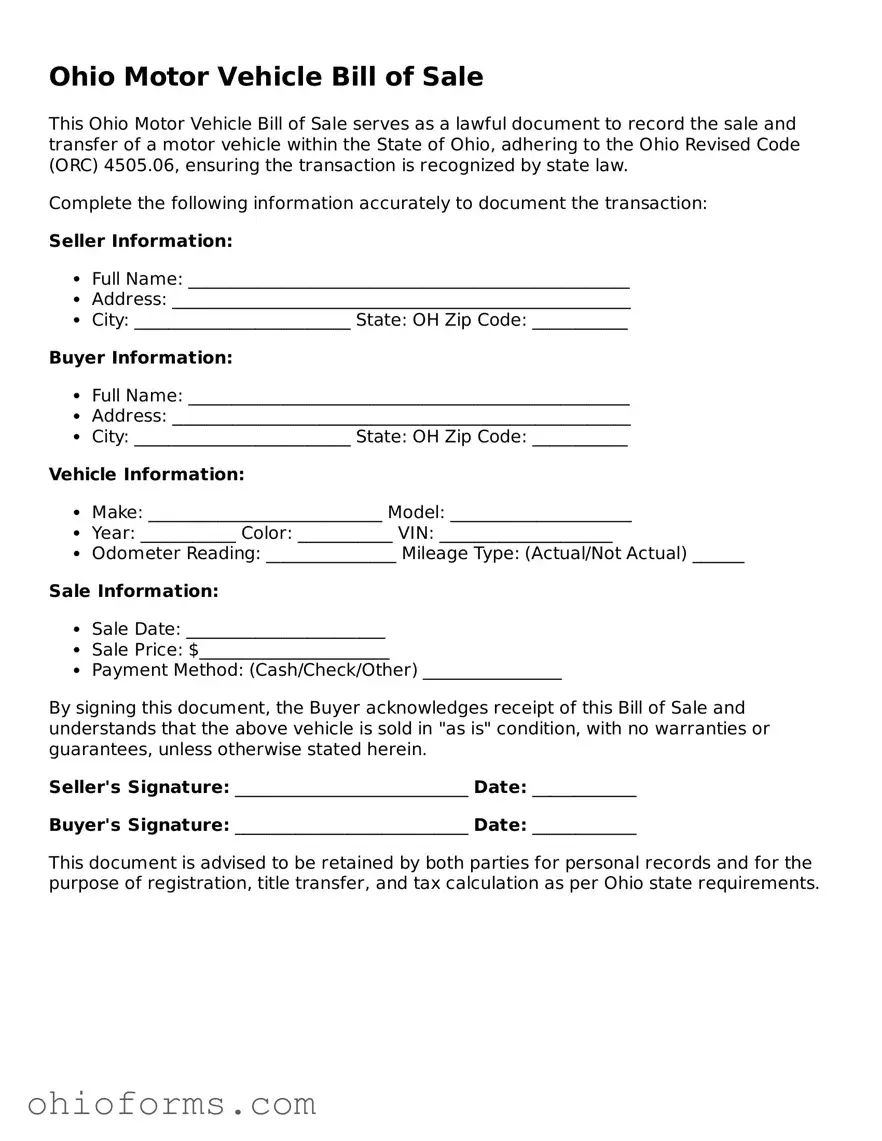 Attorney-Verified  Motor Vehicle Bill of Sale Template for Ohio