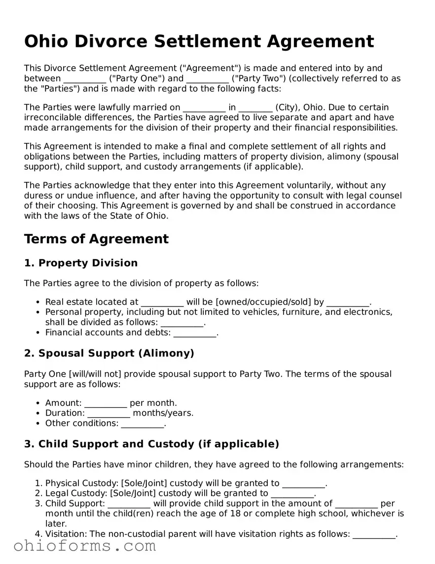 Attorney-Verified  Divorce Settlement Agreement Template for Ohio