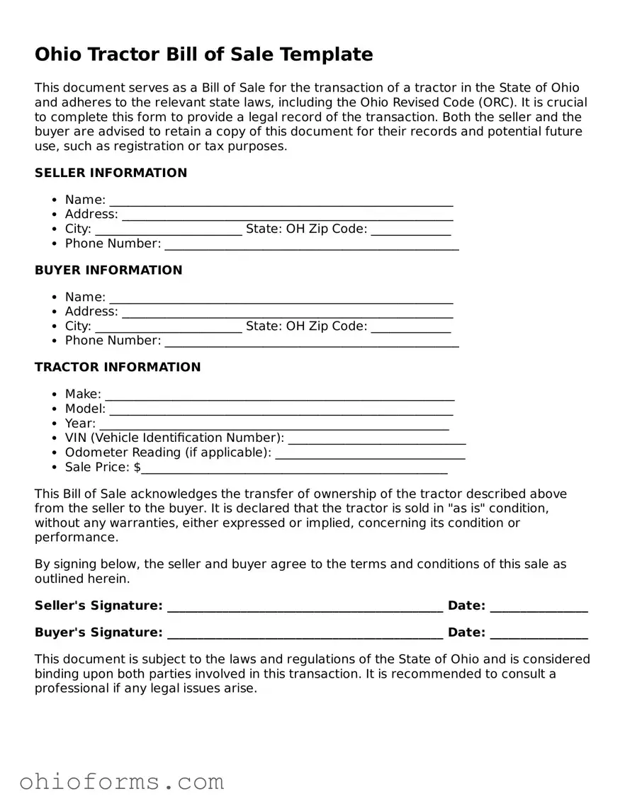 Attorney-Verified  Tractor Bill of Sale Template for Ohio