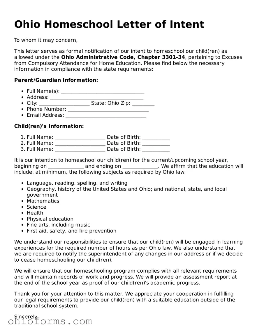 Attorney-Verified  Homeschool Letter of Intent Template for Ohio