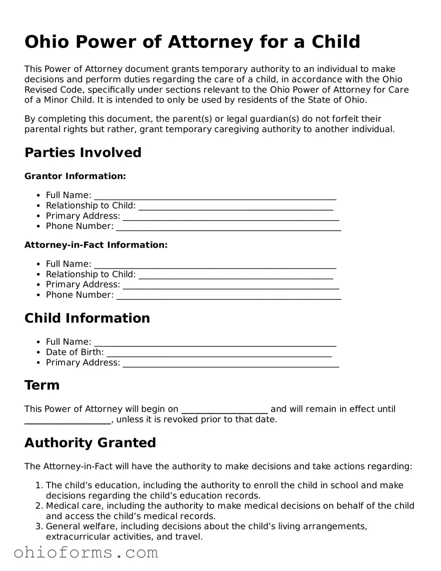Attorney-Verified  Power of Attorney for a Child Template for Ohio