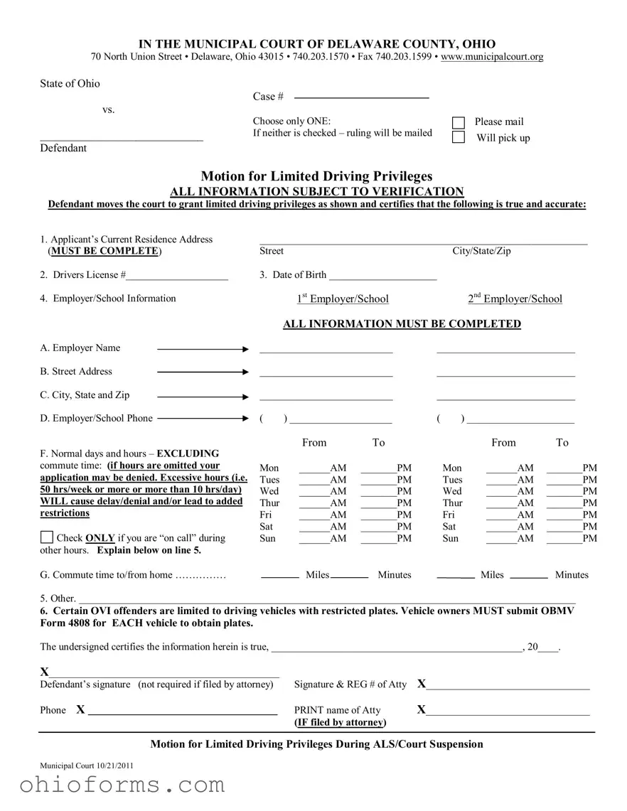 Free Ohio Motion Driving Privileges Template