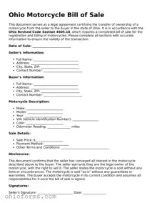 Attorney-Verified  Motorcycle Bill of Sale Template for Ohio